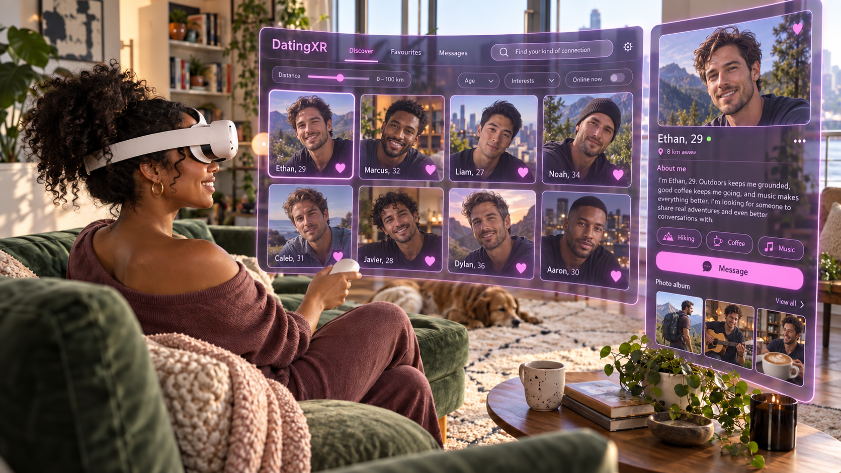 Mixed reality concept: a woman on her sofa browses a gallery of men’s profiles, with search, filters and an expanded profile panel in her real living room.