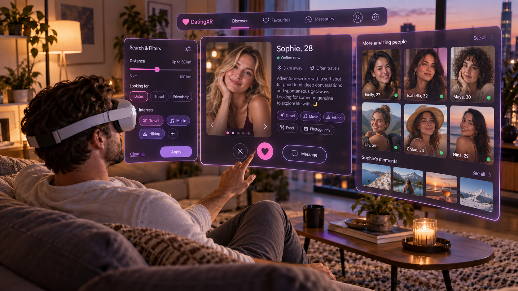 Mixed reality concept: a man seated on a sofa browses women’s profiles, with search filters, profile details, messages and a photo gallery in his real living room.